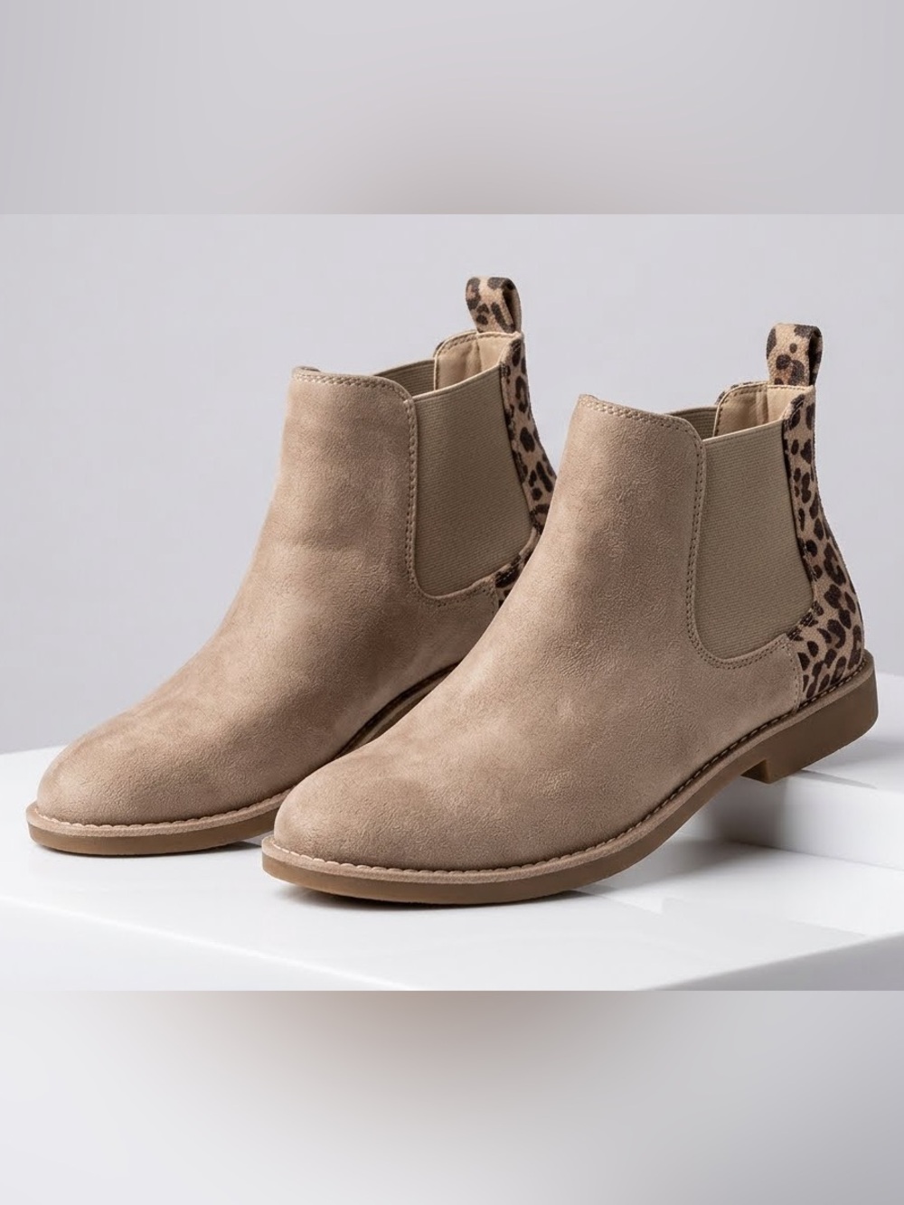 Seven Dials Suede Chelsea Ankle Boots in Taupe with Leopard Detail